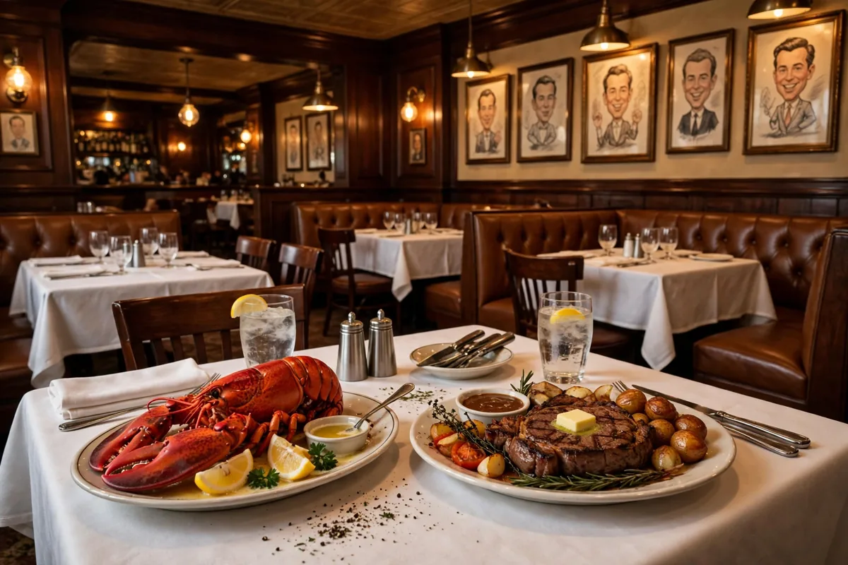 The Palm menu prices 2026 steakhouse dining room with lobster and steak dinner