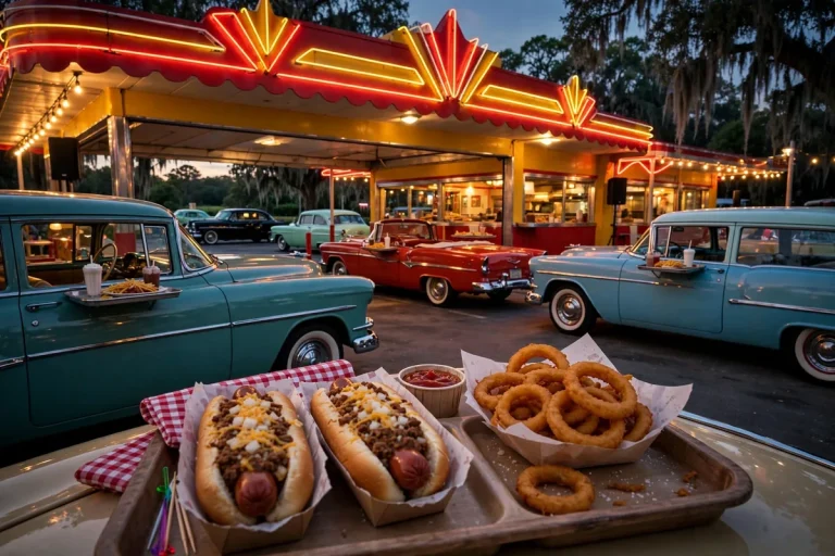 The Varsity menu deals: retro drive-in exterior at dusk