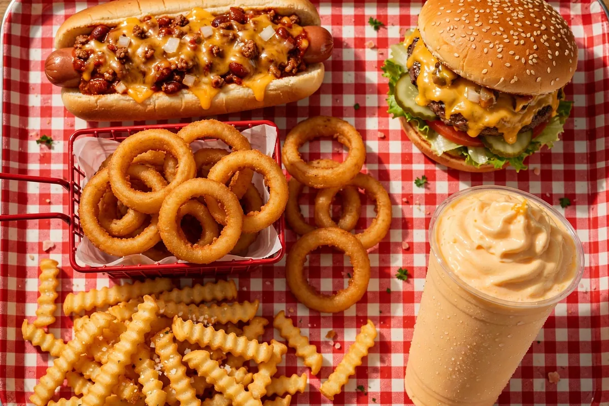 The Varsity menu prices 2026 - chili dog, burger, onion rings and Frosted Orange