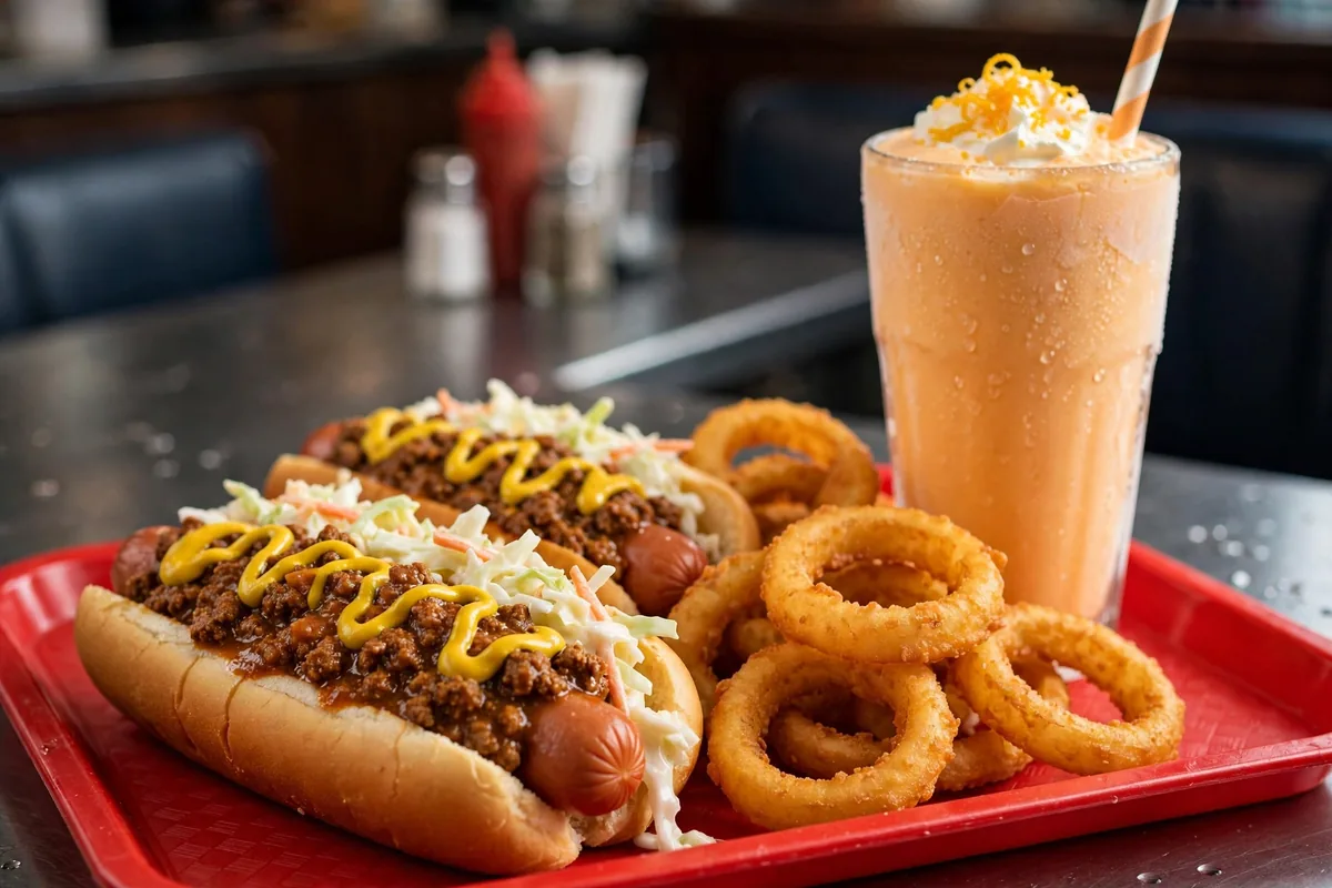 The Varsity near me: chili dogs, onion rings and a frosted orange shake on a red tray