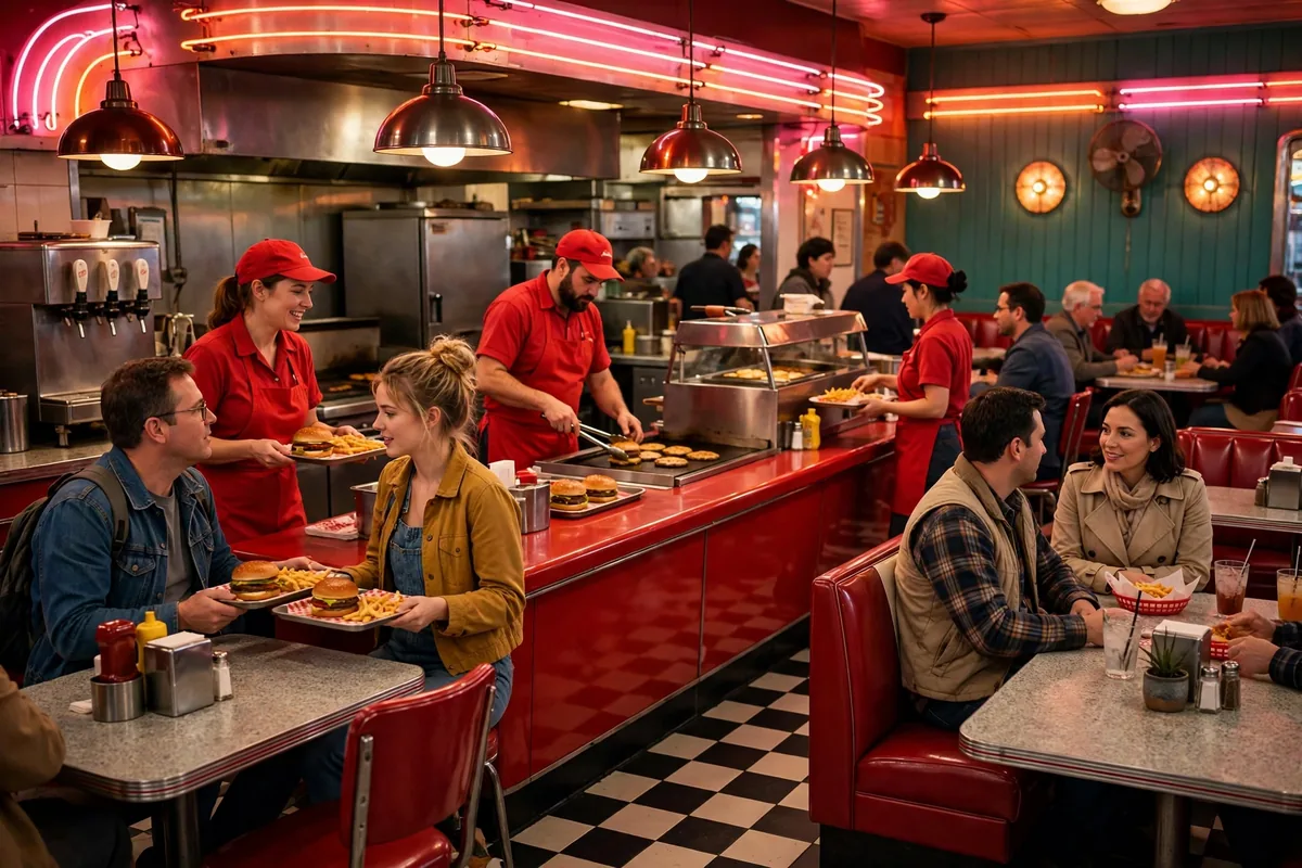 Inside The Varsity Atlanta location: staff in red caps serving customers at the counter