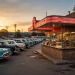 The Varsity locations: iconic drive-in restaurant exterior at dusk