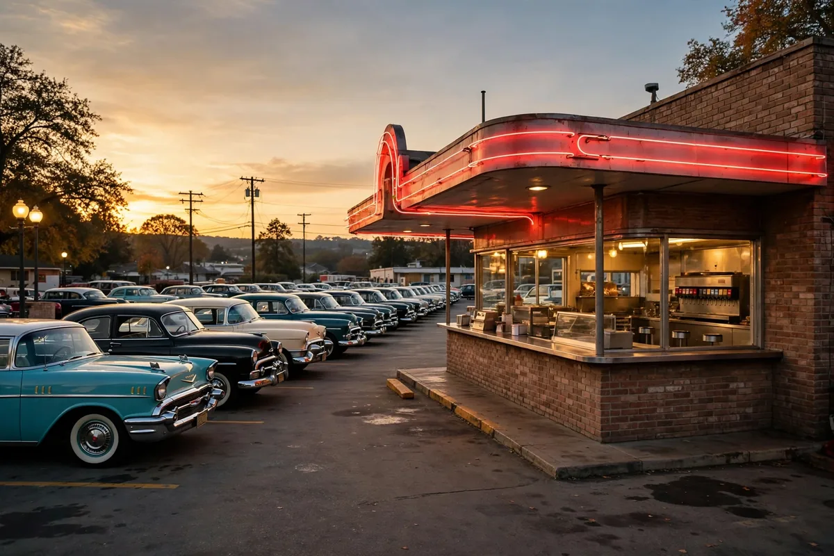 The Varsity locations: iconic drive-in restaurant exterior at dusk