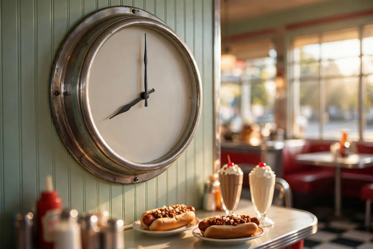 The Varsity opening hours, diner wall clock with chili dogs and milkshakes on the counter
