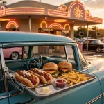 The Varsity working hours, classic drive-in restaurant with chili dogs and burgers at sunset