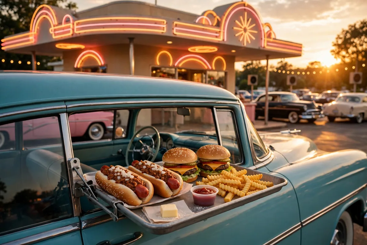 The Varsity working hours, classic drive-in restaurant with chili dogs and burgers at sunset