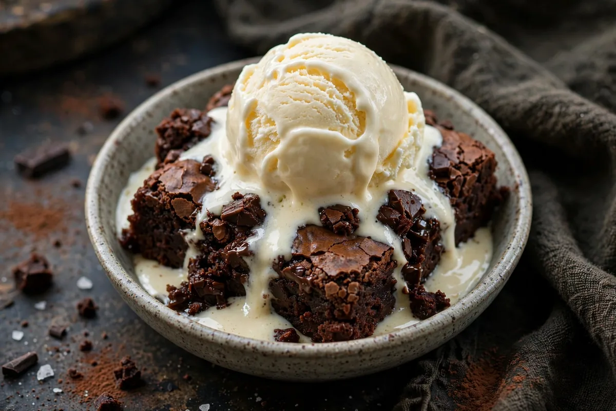Tiff's Treats brownie calories: fudge brownie with vanilla ice cream scoop