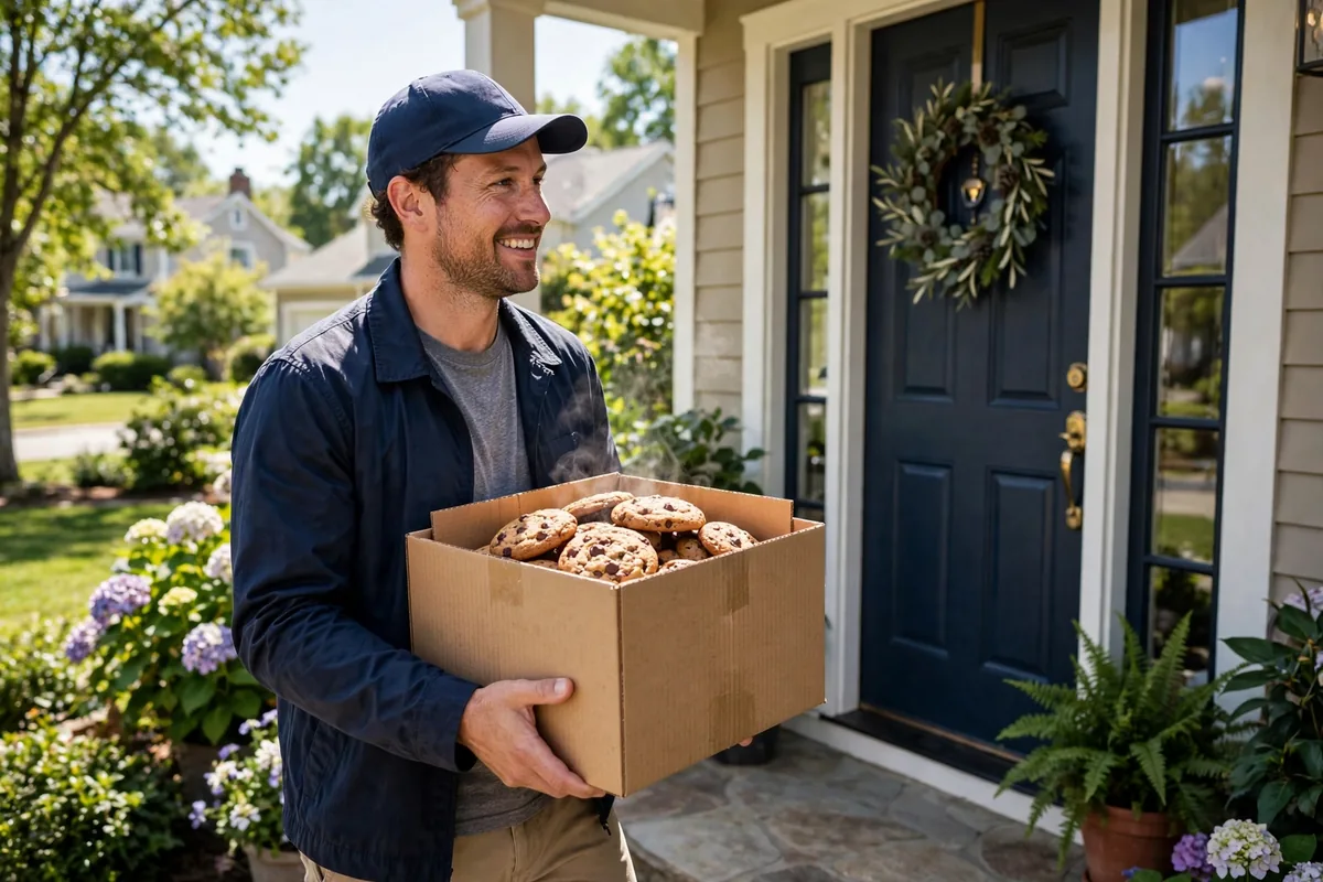 Tiff's Treats locations delivery driver delivering a warm box of fresh-baked cookies to a doorstep