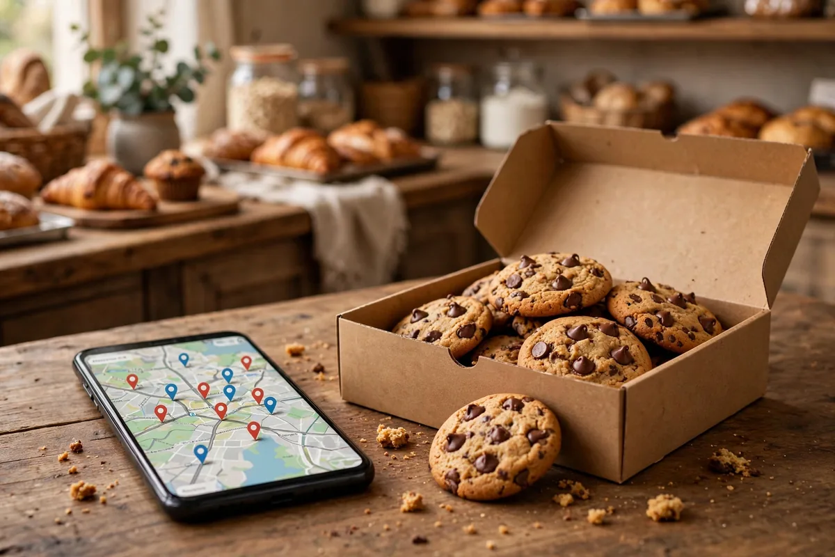 Tiff's Treats locations store locator map on a phone next to a box of warm chocolate chip cookies