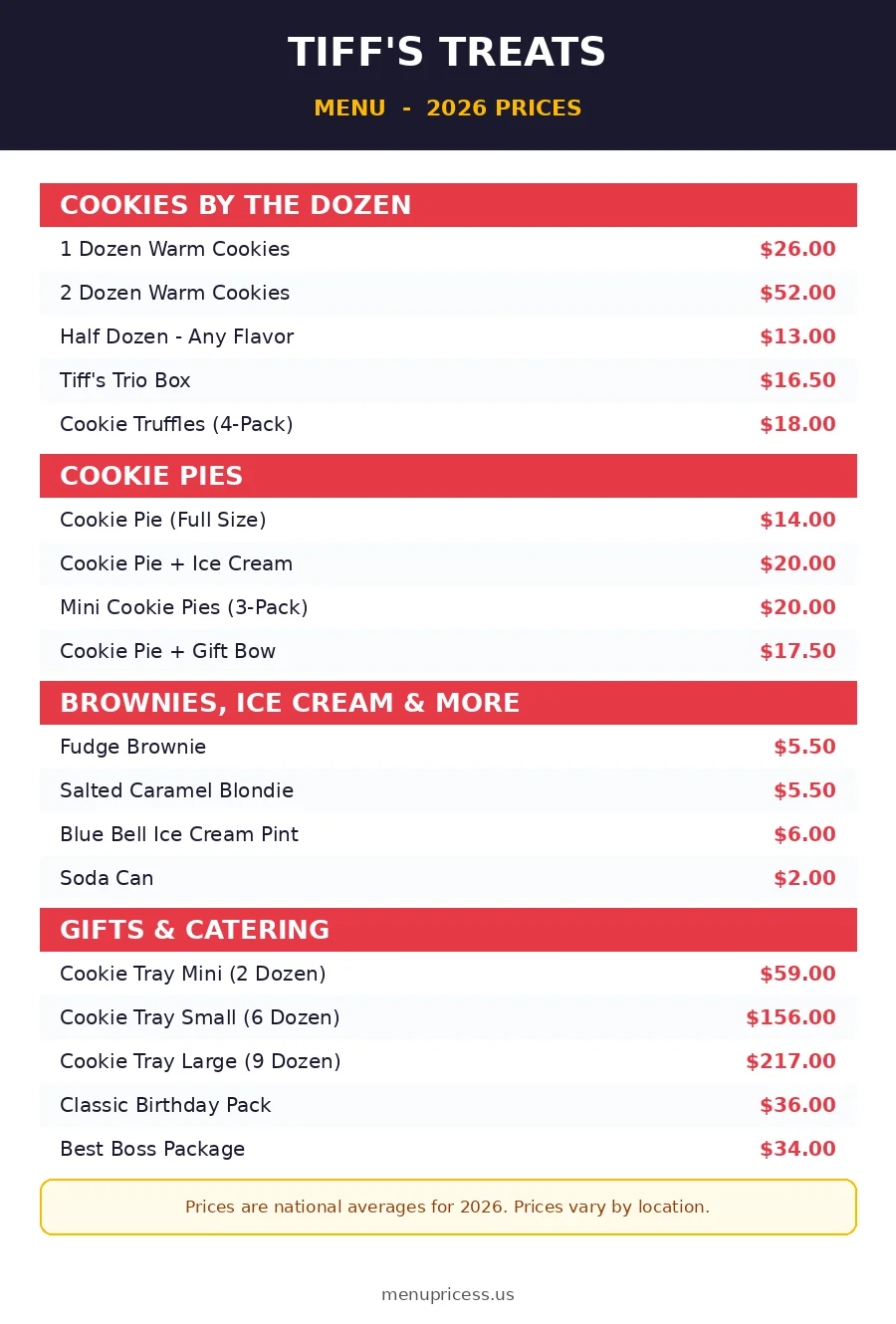 Tiff's Treats menu card 2026 with cookie prices