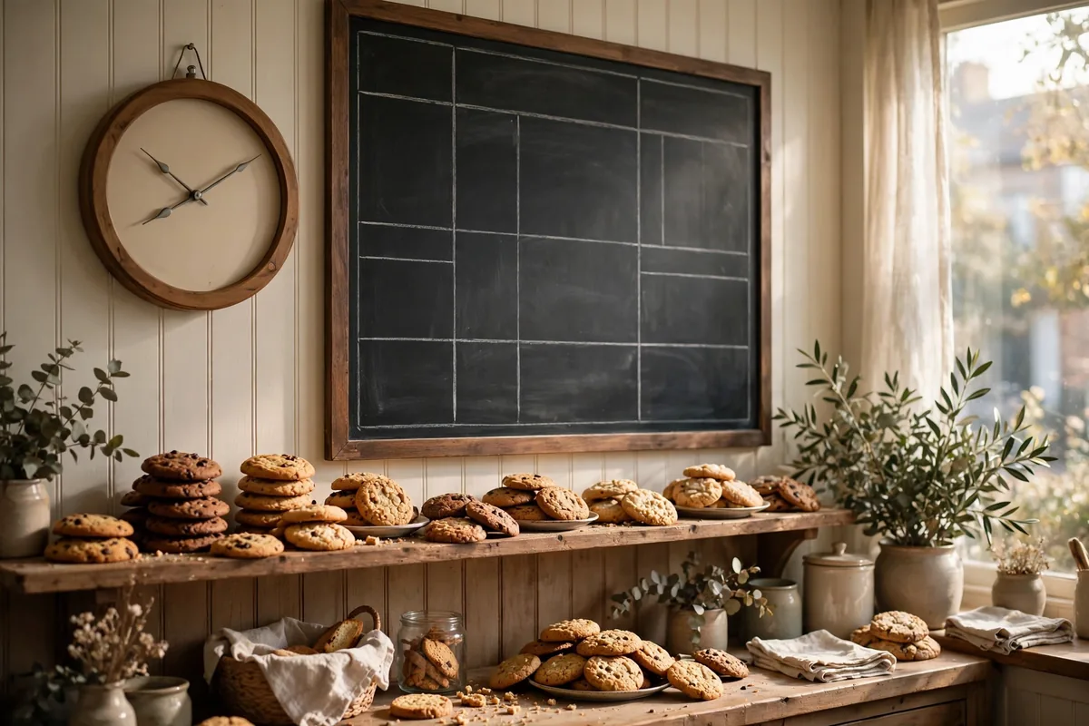 Tiff's Treats holiday hours guide, wall clock and fresh cookie display inside the bakery