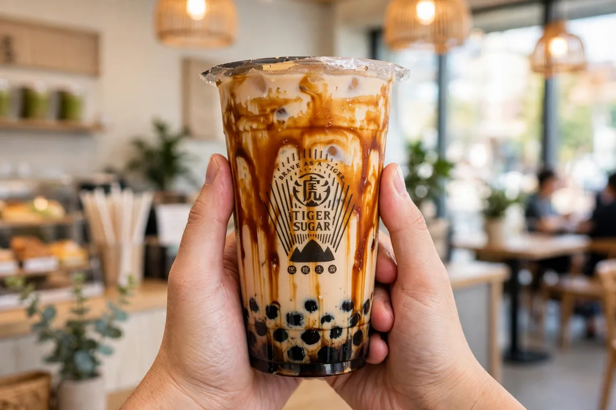 Tiger Sugar menu prices - brown sugar boba milk tea cup with tiger stripe swirls