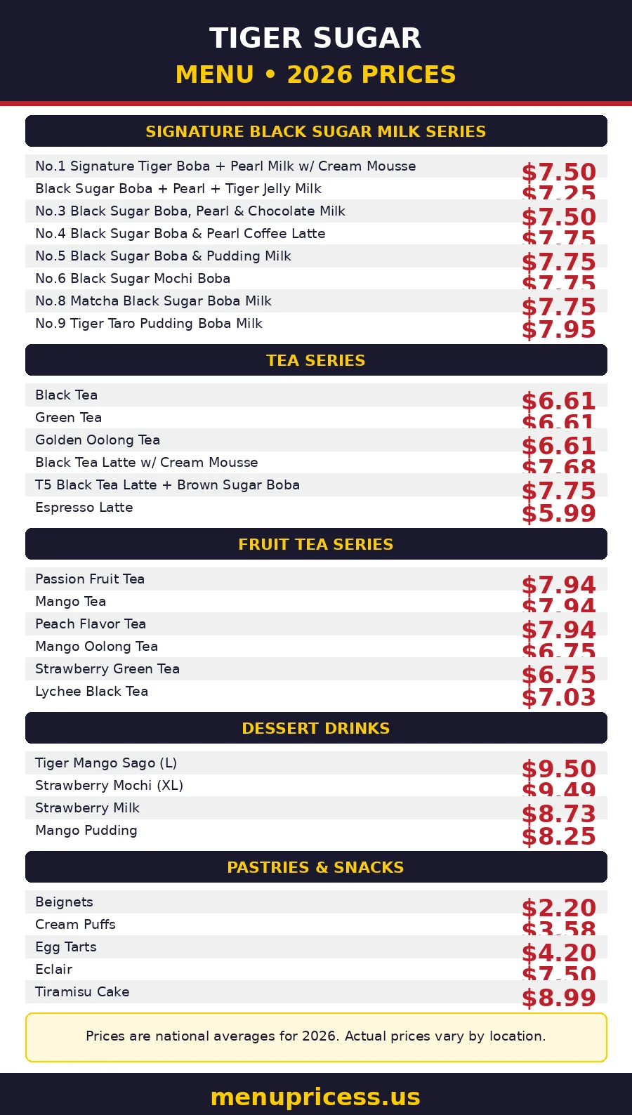 Tiger Sugar menu card 2026 with prices for all drinks and desserts