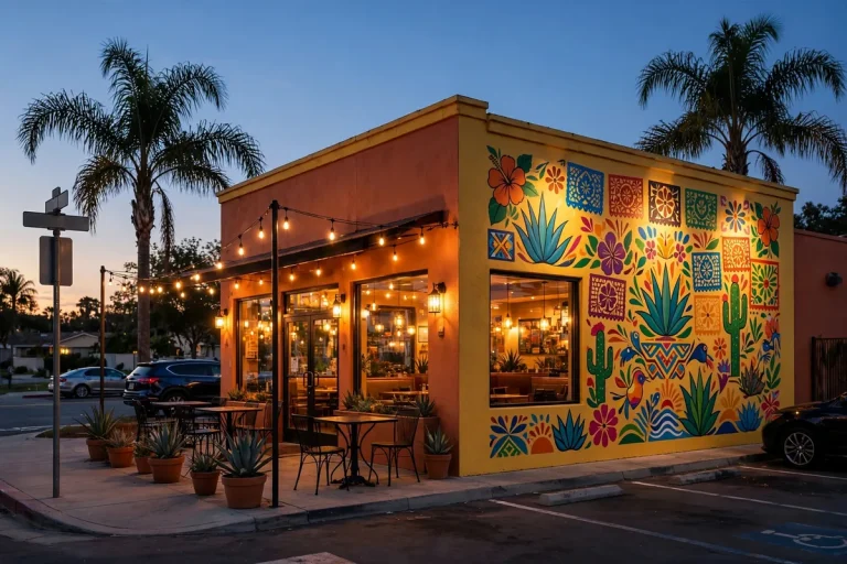 Tijuana Flats Tex-Mex restaurant storefront at dusk with glowing windows and mural art
