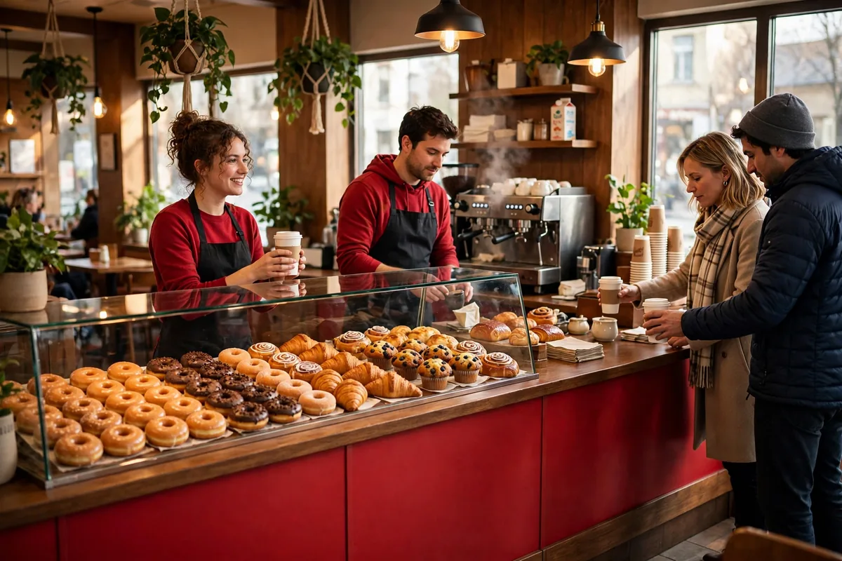 Tim Hortons menu prices 2026 cafe interior with donut display case and coffee counter