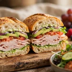 Turkey and avocado Togo's-style deli sandwich cut in half with fresh salad