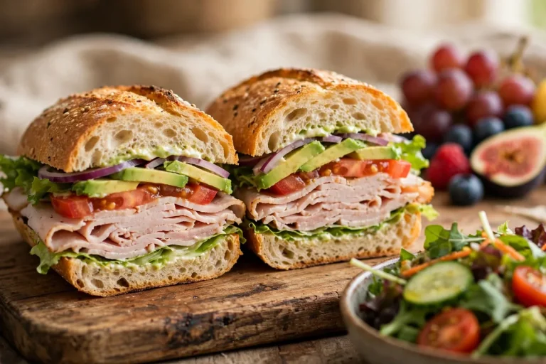 Turkey and avocado Togo's-style deli sandwich cut in half with fresh salad