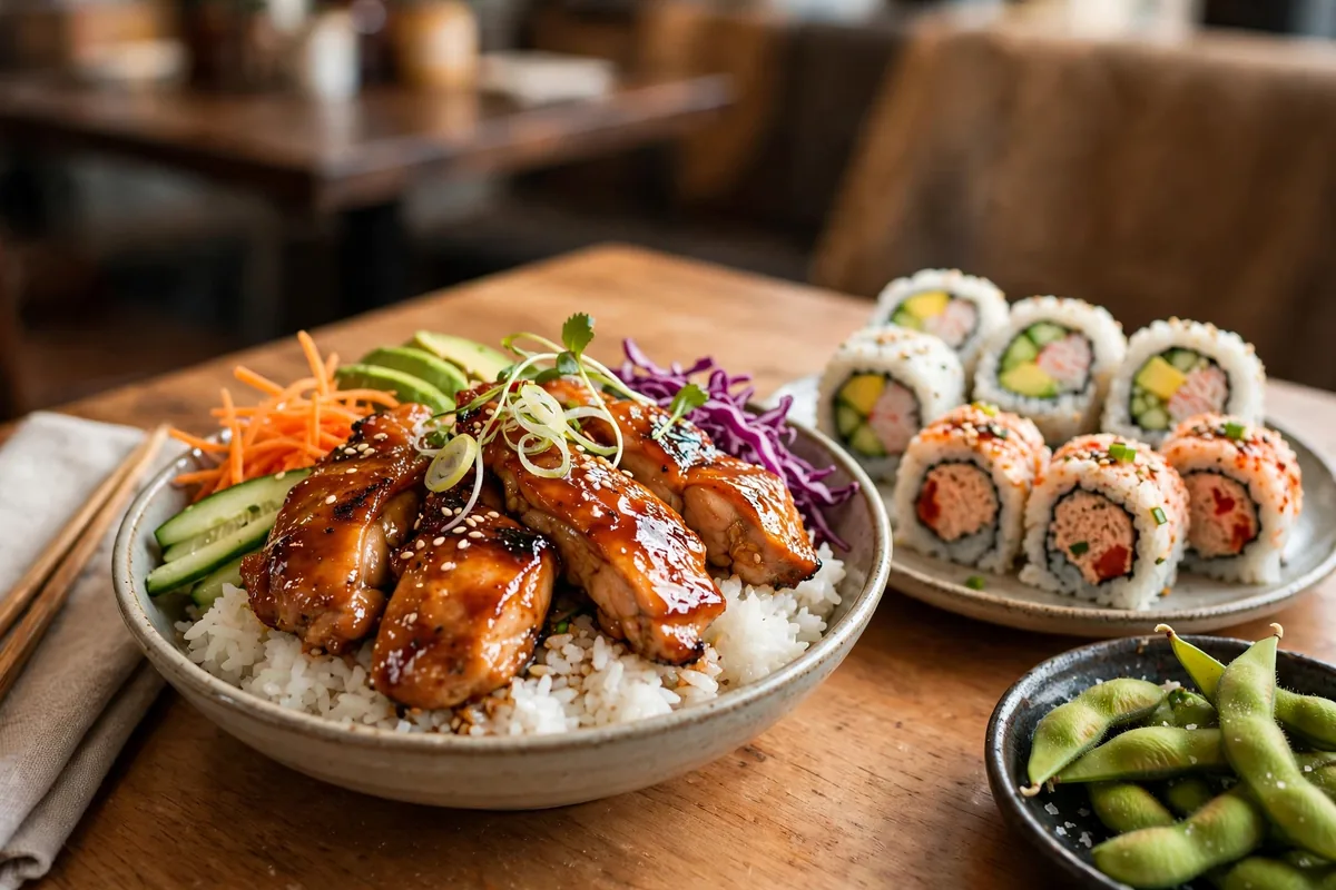 Tokyo Joe's menu prices 2026 - teriyaki chicken bowl with sushi rolls