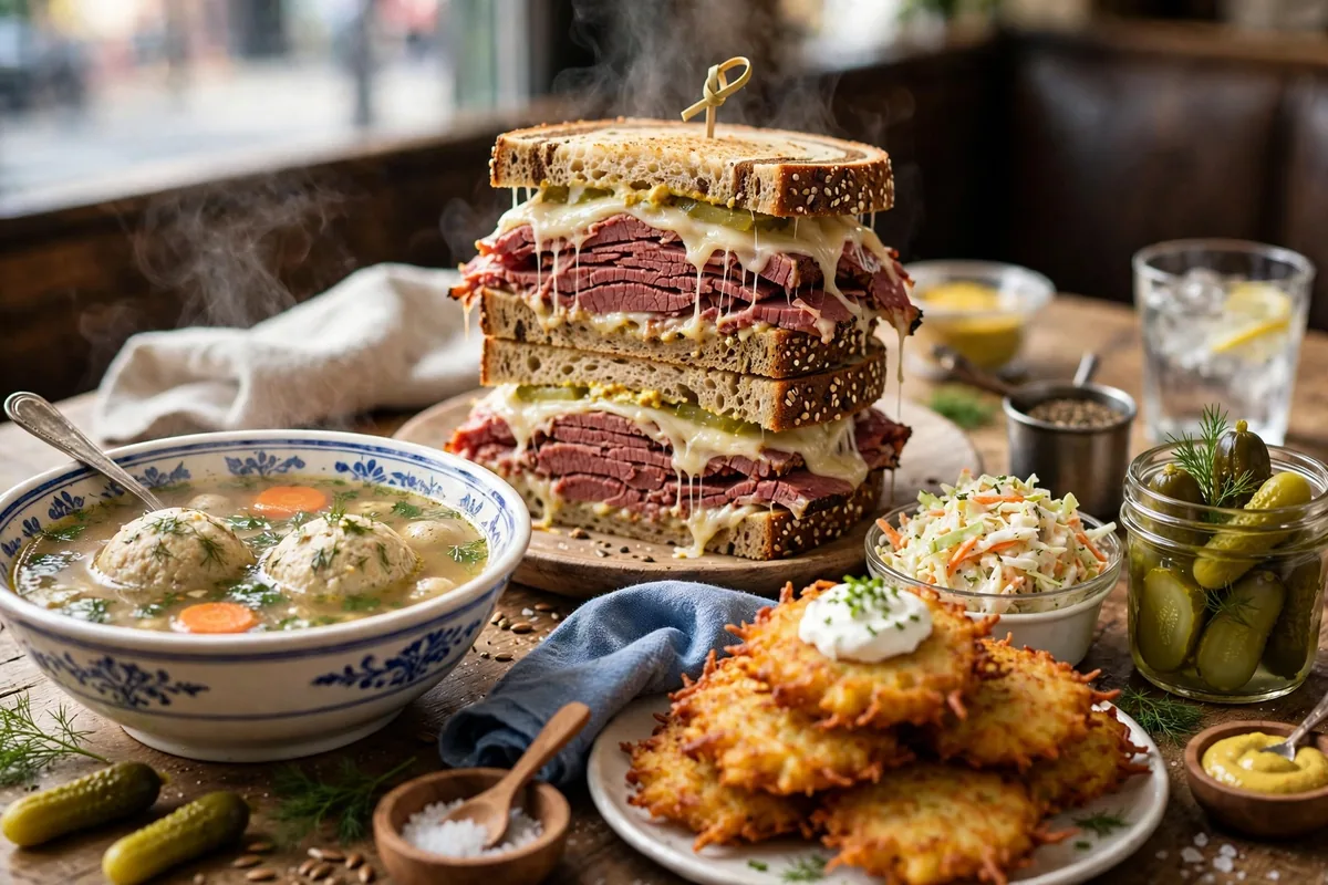 TooJay's Deli menu 2026 corned beef sandwich, matzo ball soup and potato latkes