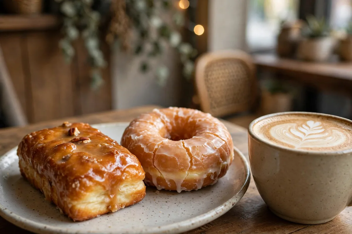 Maple bar and glazed old fashioned doughnut at Top Pot Doughnuts with latte, top pot doughnuts menu