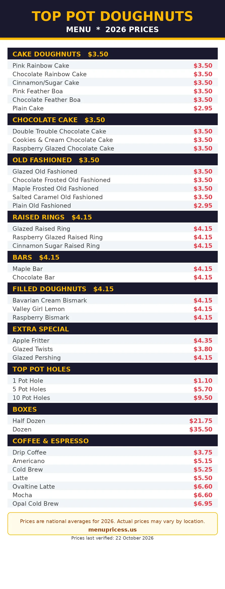 Top Pot Doughnuts menu prices 2026 menu card