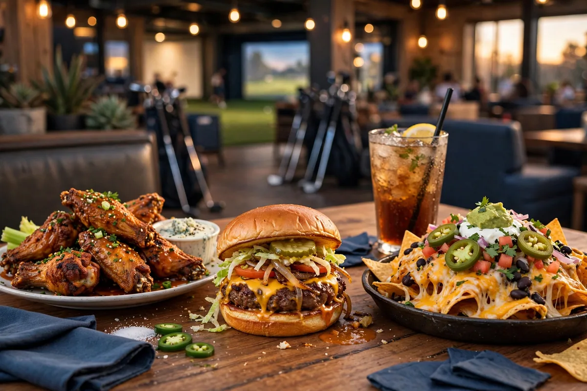 Topgolf menu prices 2026 wings, burger and nachos at a golf entertainment venue