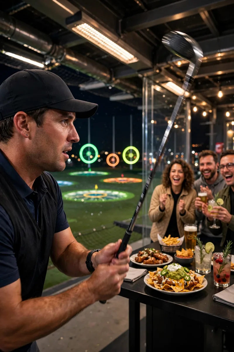 Topgolf menu prices 2026 friends playing golf at a hitting bay with wings and nachos on the table