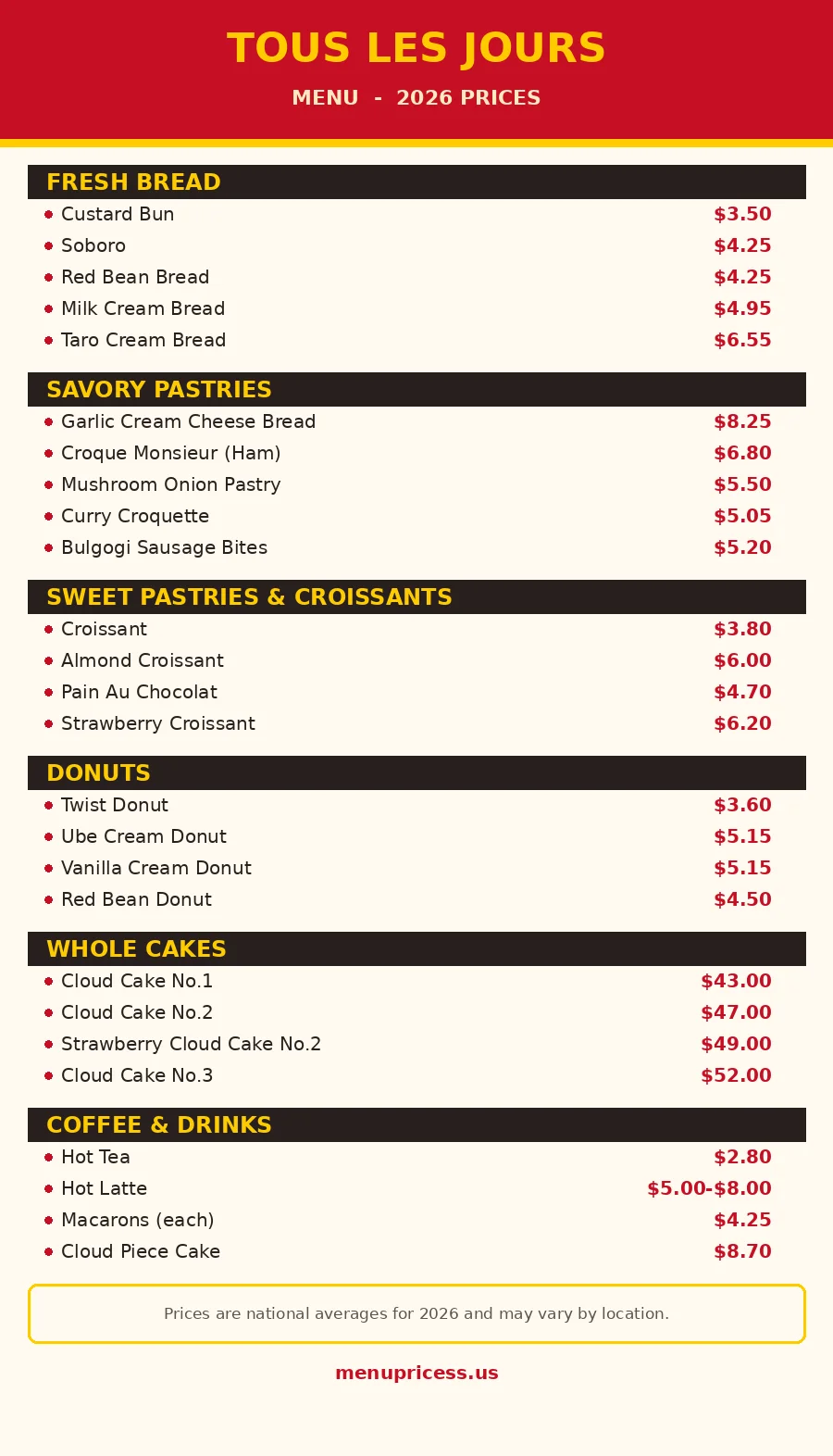 Tous les Jours menu prices 2026 full menu card