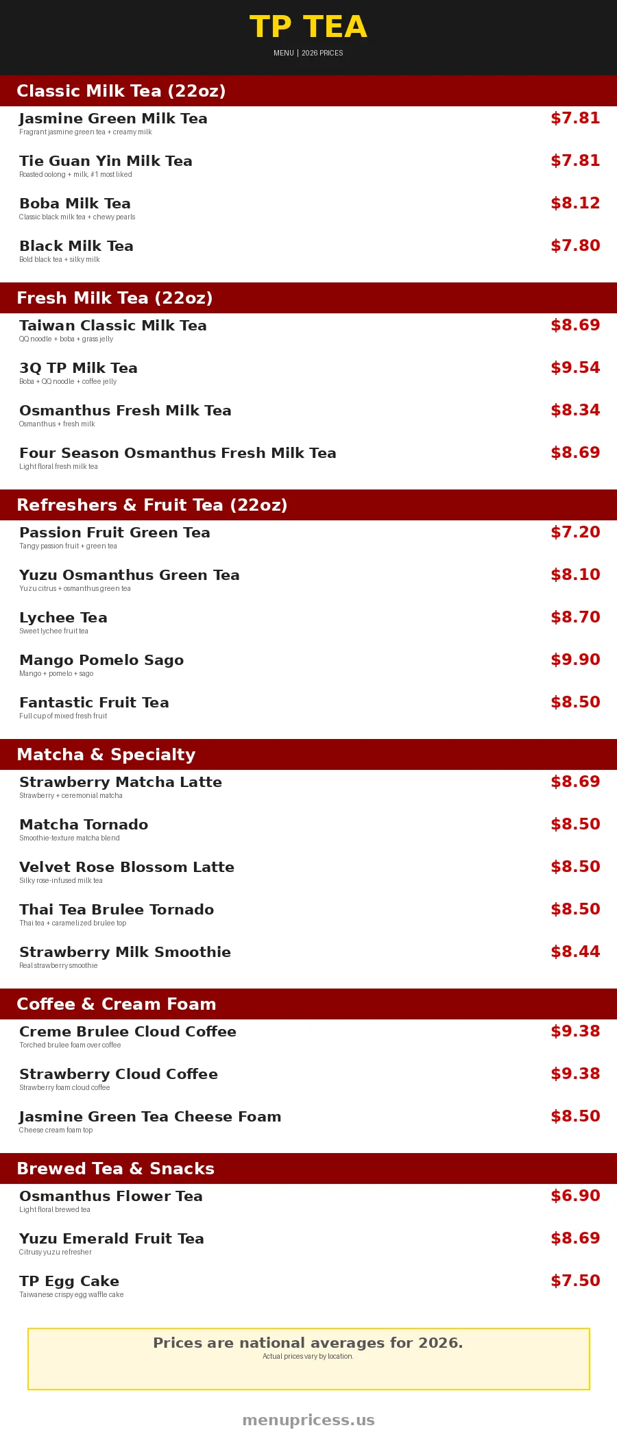 TP Tea menu prices 2026 full menu card