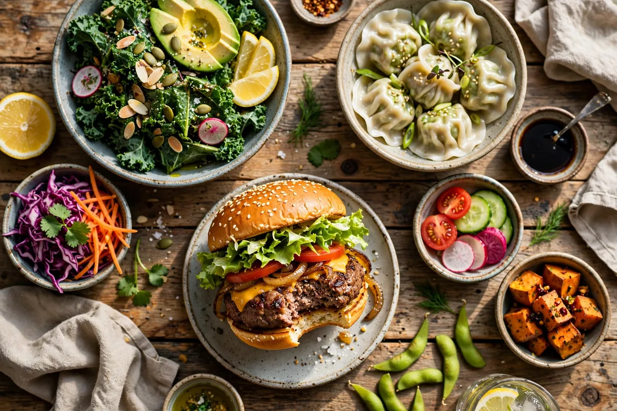 True Food Kitchen menu prices 2026 - healthy restaurant spread with kale salad, grass-fed burger and dumplings