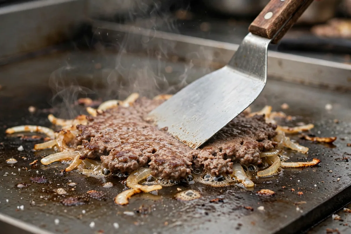 tuckers onion burgers menu patty smashed with onions on griddle