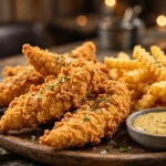 Tully's Good Times menu prices 2026: crispy hand-battered chicken tenders with fries and honey mustard