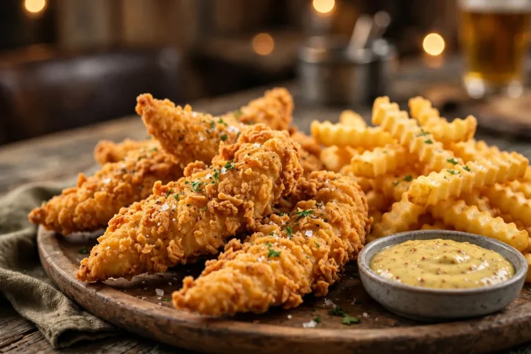 Tully's Good Times menu prices 2026: crispy hand-battered chicken tenders with fries and honey mustard