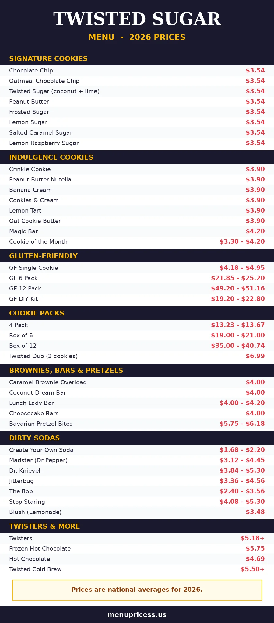 Twisted Sugar menu prices 2026 menu card with cookies and drink prices