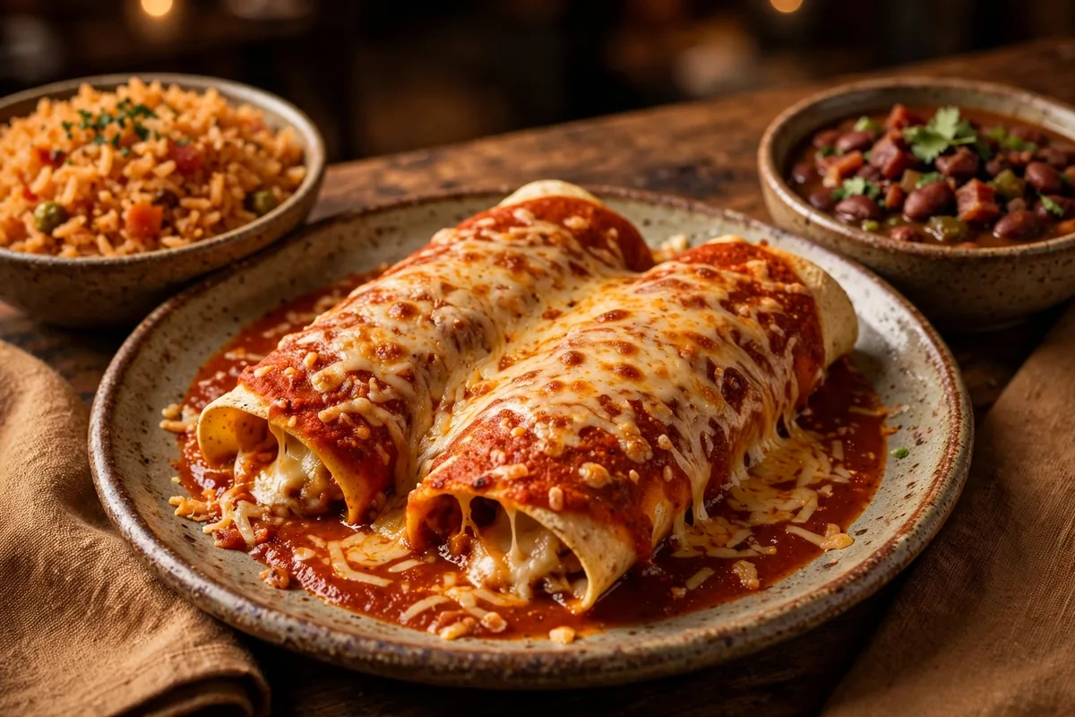 Uncle Julio's enchiladas calories guide: cheese enchiladas with red sauce, rice and charro beans