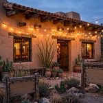 Warm adobe Tex-Mex restaurant storefront at dusk