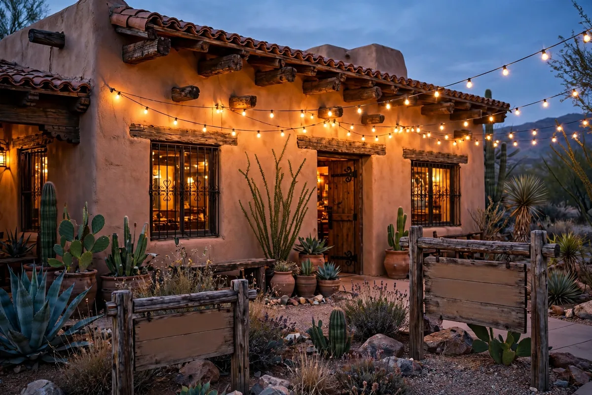 Warm adobe Tex-Mex restaurant storefront at dusk