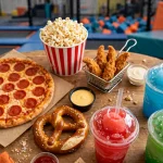 Urban Air menu prices 2026 pepperoni pizza, chicken tenders, pretzel, popcorn and ICEE drinks at a trampoline park cafe