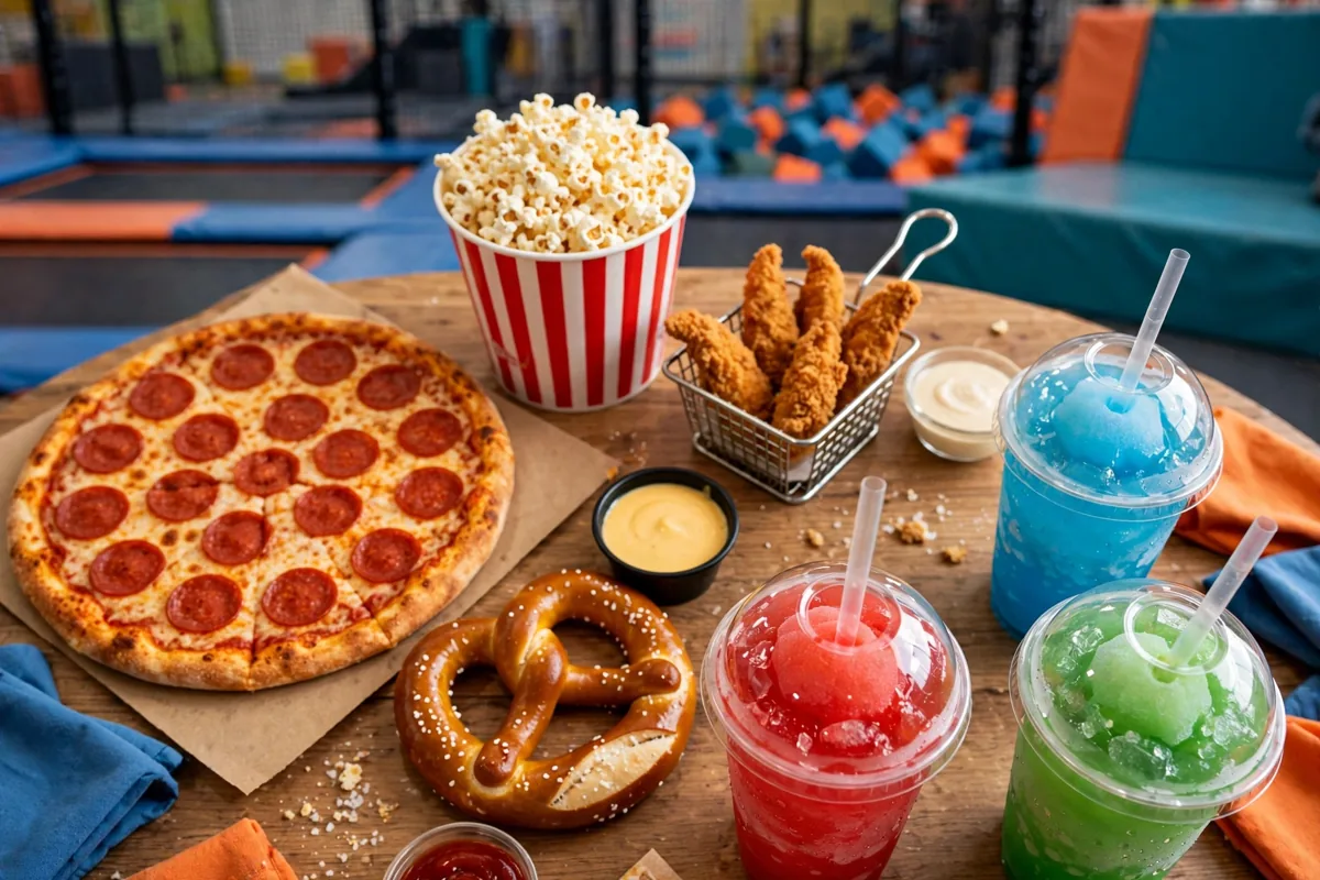 Urban Air menu prices 2026 pepperoni pizza, chicken tenders, pretzel, popcorn and ICEE drinks at a trampoline park cafe