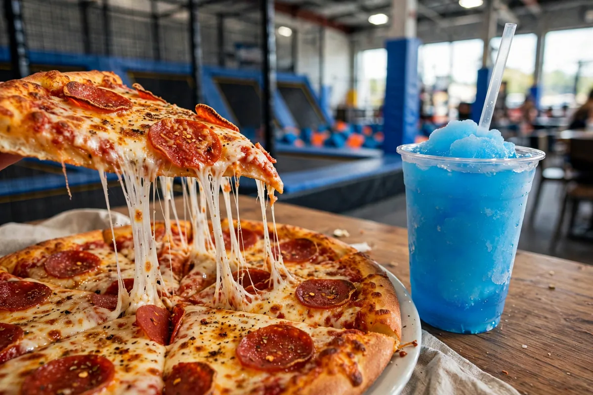 Urban Air menu prices 2026 pepperoni pizza slice and blue ICEE at a trampoline park cafe table