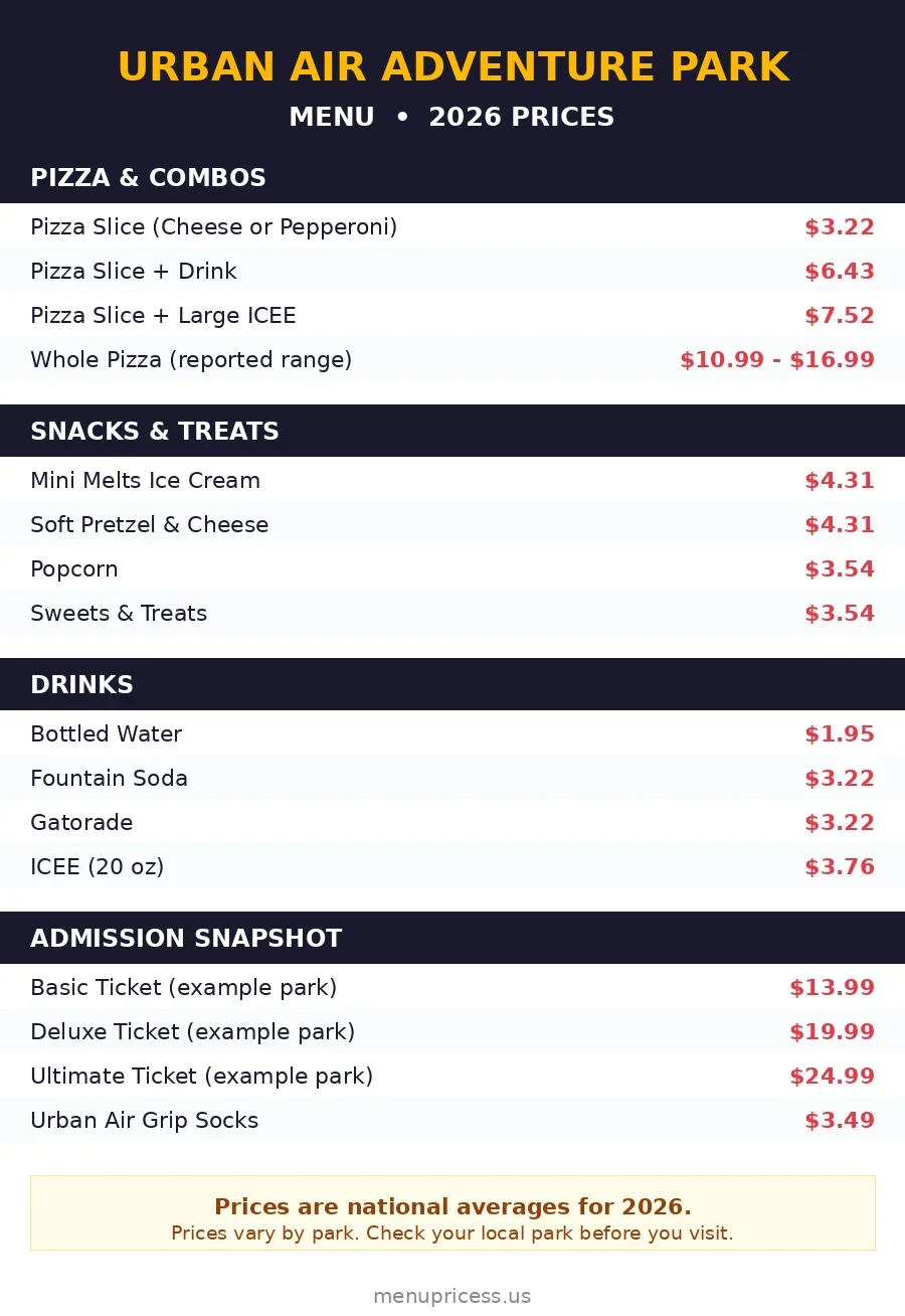 Urban Air menu prices 2026 menu card with pizza slice, snacks, drinks and admission prices