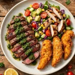 Urban Plates menu prices 2026 featured food photo: chimichurri steak, grilled chicken salad and chicken tenders