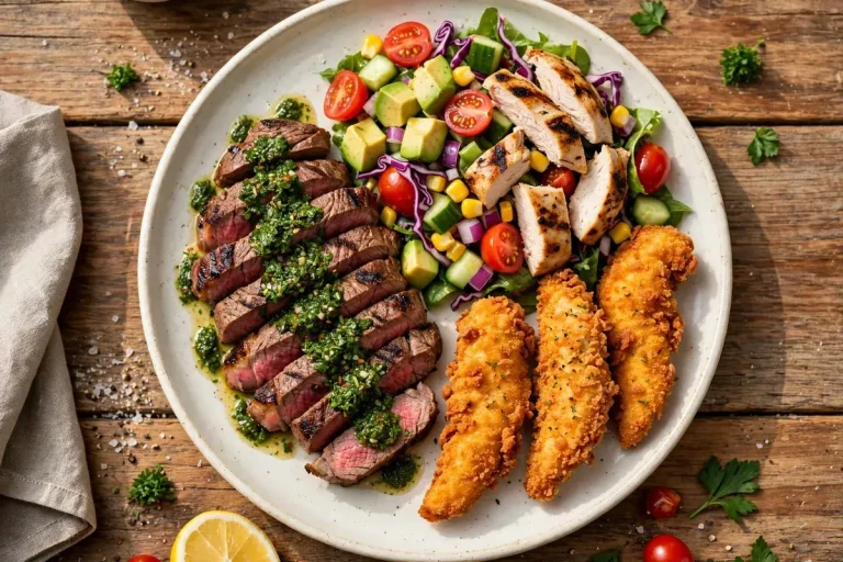 Urban Plates menu prices 2026 featured food photo: chimichurri steak, grilled chicken salad and chicken tenders