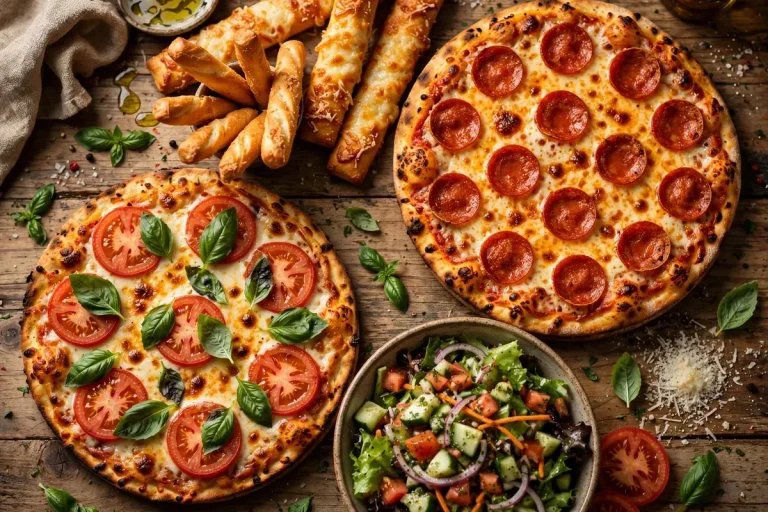 U.S. Pizza Co. menu 2026 - thin crust pepperoni and margherita pizzas with breadsticks and salad