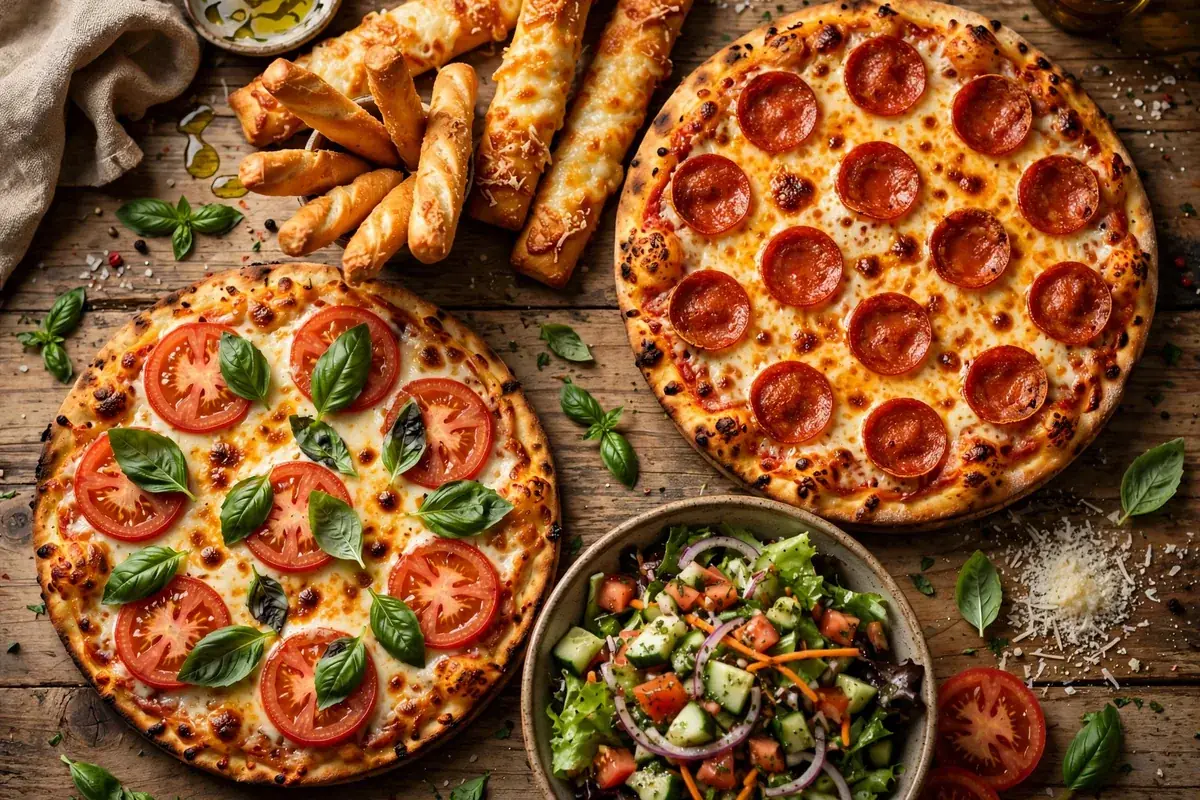 U.S. Pizza Co. menu 2026 - thin crust pepperoni and margherita pizzas with breadsticks and salad