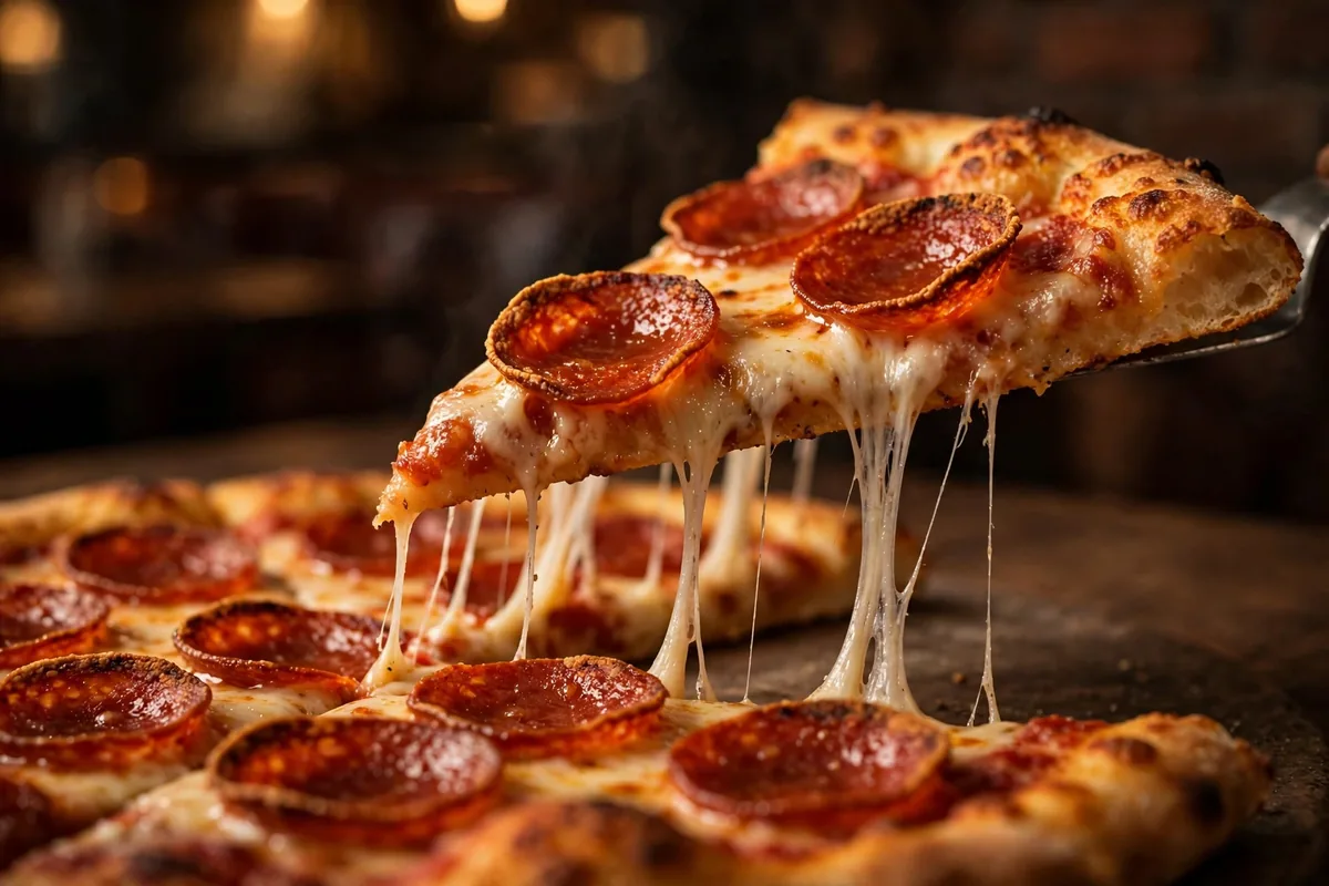U.S. Pizza Co thin crust pepperoni pizza slice being lifted with melty cheese
