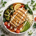 Vale Food Co menu prices 2026 signature bowl with lemon garlic chicken, sweet potato noodles and avocado