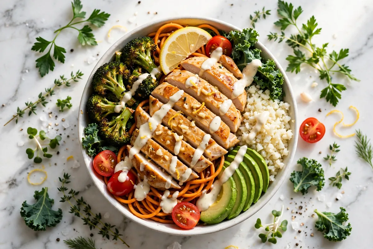 Vale Food Co menu prices 2026 signature bowl with lemon garlic chicken, sweet potato noodles and avocado