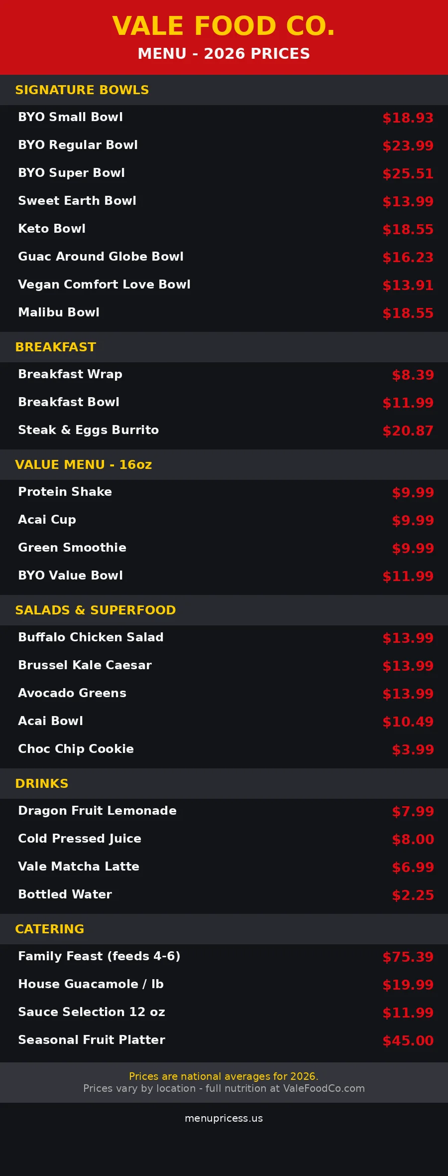 Vale Food Co menu prices 2026 menu card with signature bowls, breakfast and catering prices