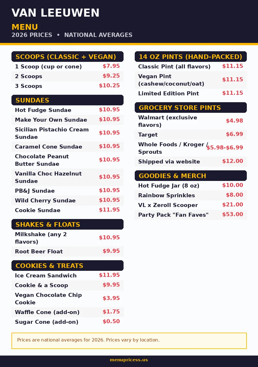 Van Leeuwen menu prices 2026 full menu card with scoops, sundaes and pint prices